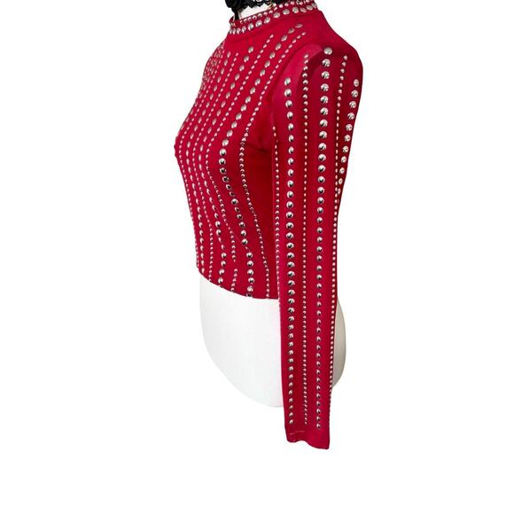 Y2K VTG. RED MESH STUDDED EMBELLISHED SHEER BLOUSE SMALL EUC. - Picture 6 of 8